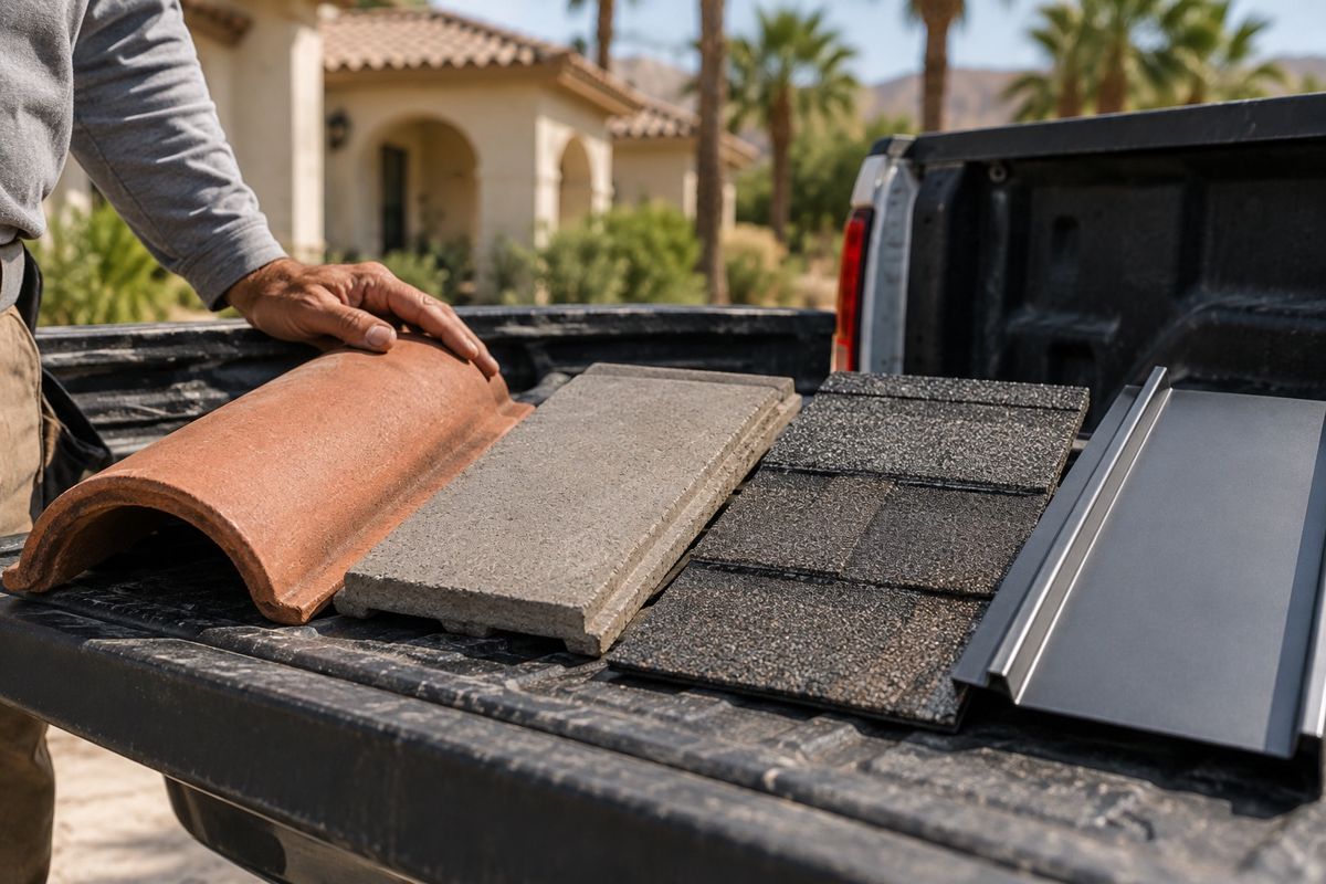Tile, shingle and metal roofing samples laid out on a tailgate