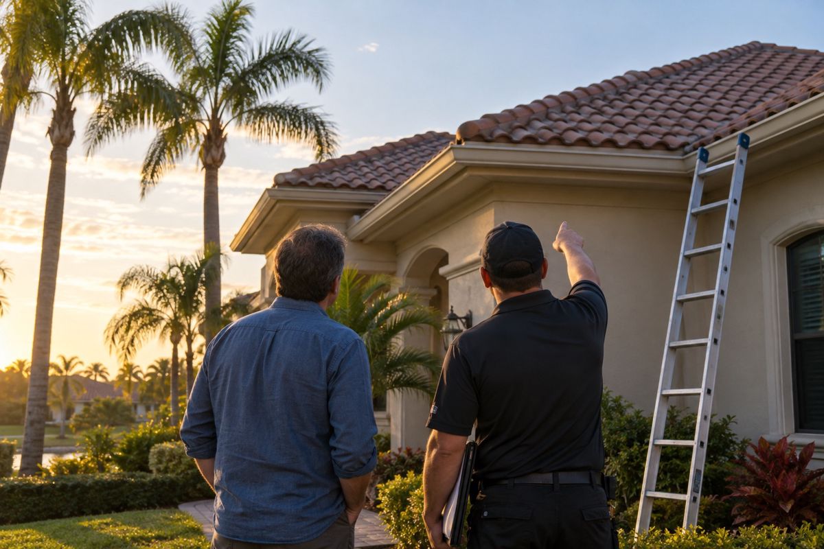 Homeowner and estimator looking up at a tile roof from the yard