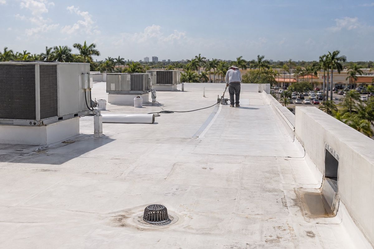 Worker welding seams on a white flat roof of a retail plaza