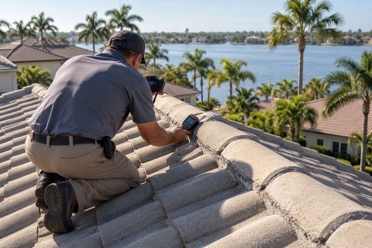 Inspector checking ridge tiles and mortar on a Florida tile roof