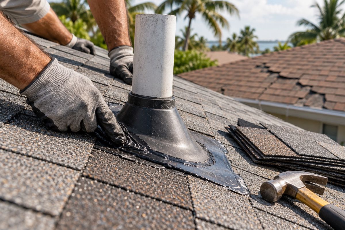 Gloved hand sealing flashing around a roof vent on a shingle roof