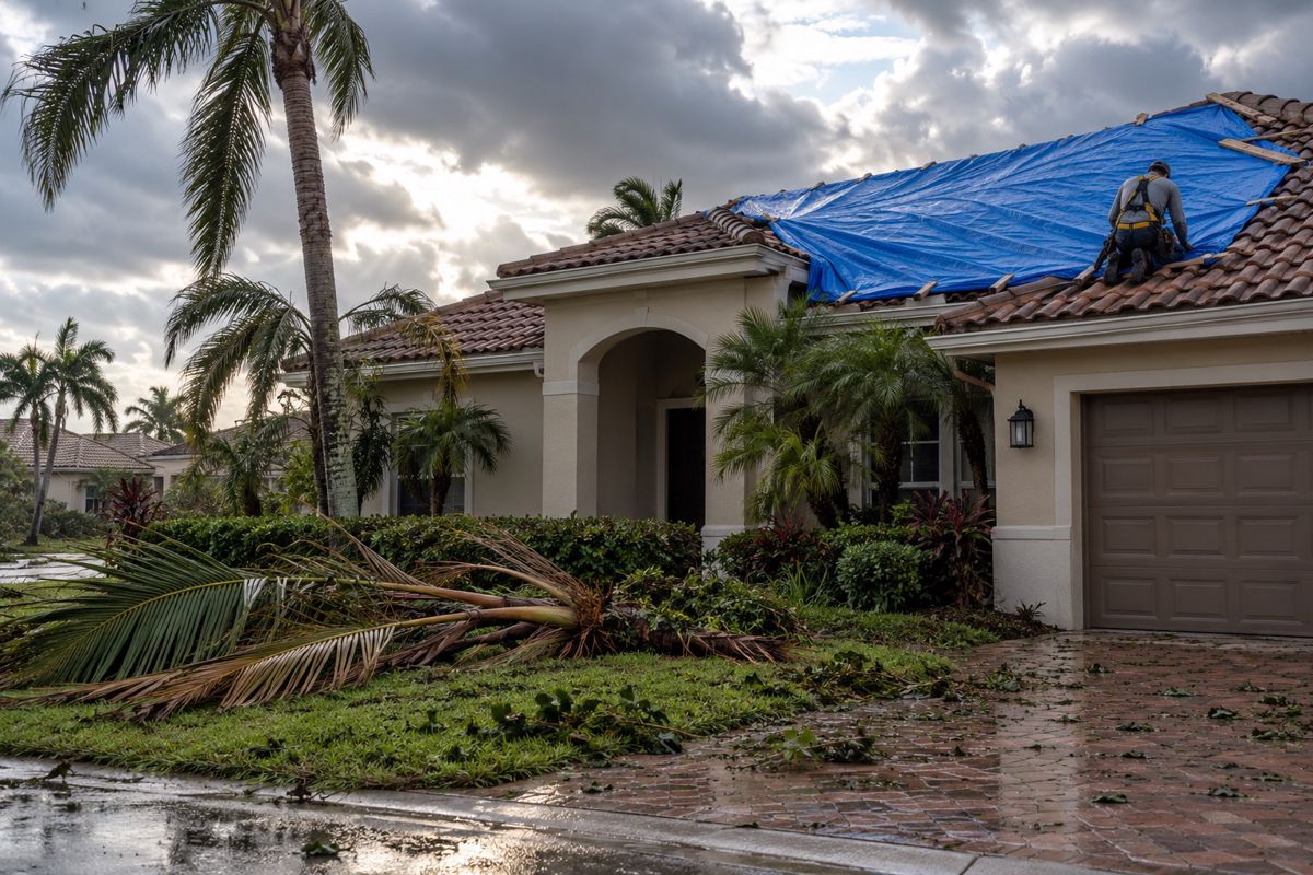 Blue tarp over a storm-damaged tile roof on a Florida house